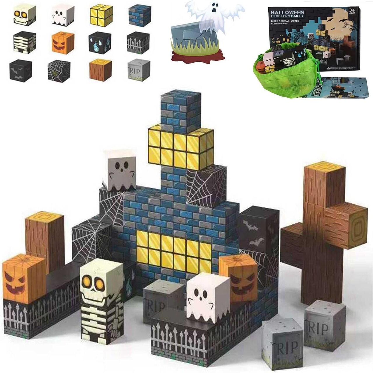 Halloween Magnetic Blocks Building Set – 54 PCS Spooky Skeleton & Ghost Magnetic Tiles – STEM Construction Toy for Kids – Halloween Town Creative Building Kit for Boys, Girls & Adults